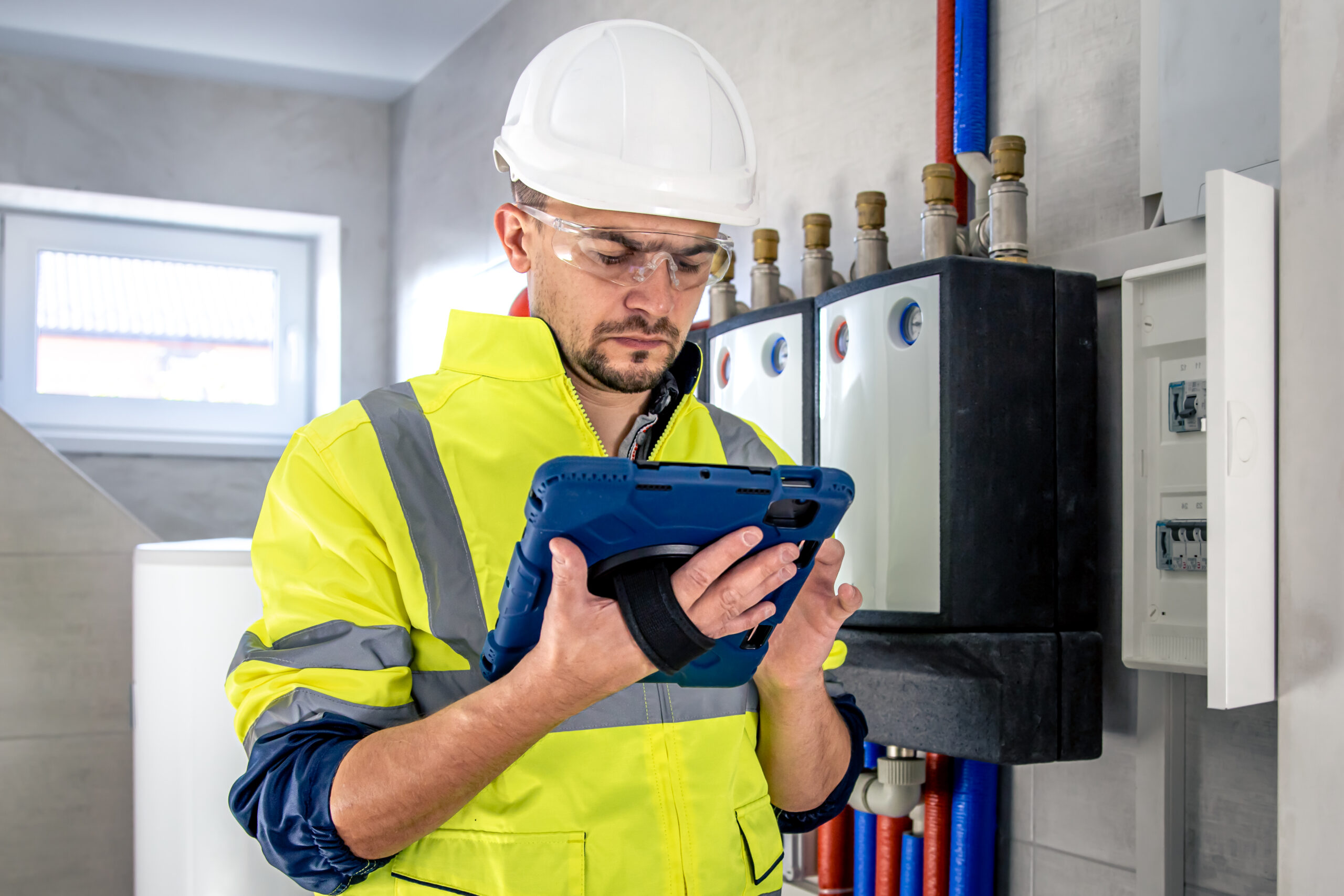 Man, an electrical technician working in a switchboard with fuses, uses a tablet.
